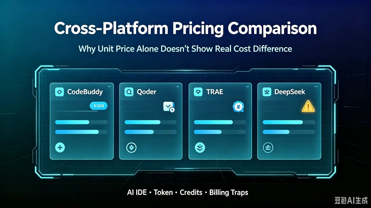 Cover image: cross-platform pricing comparison illustration — CodeBuddy / Qoder / TRAE and the DeepSeek official API, highlighting credit vs token billing-unit mismatch