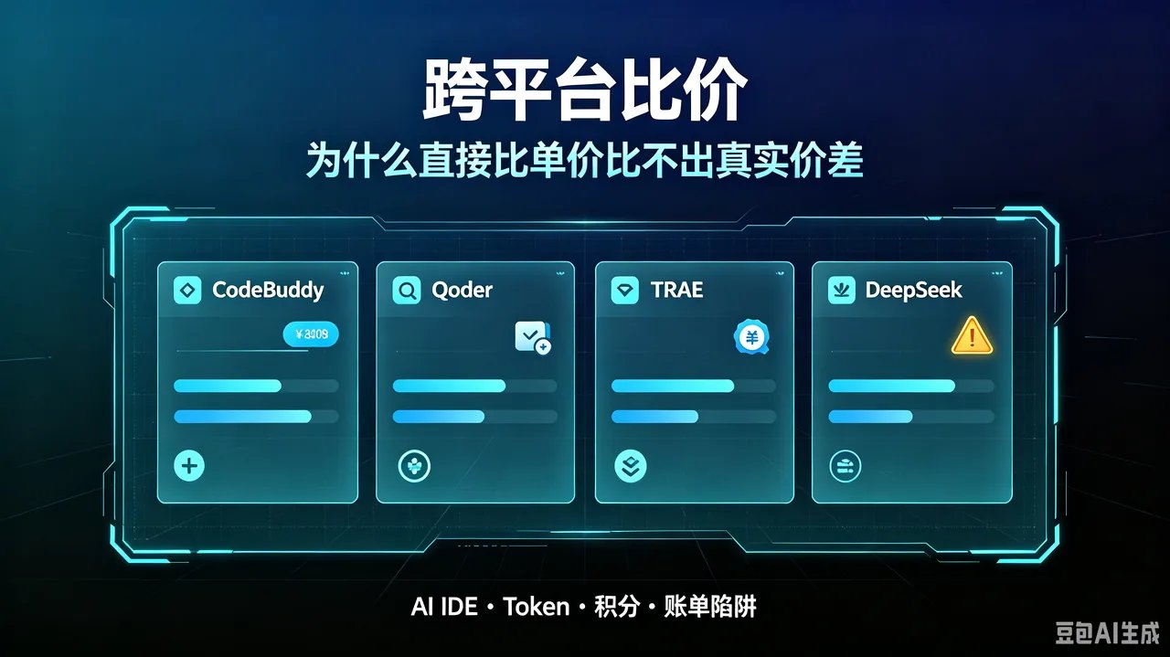 封面图：跨平台比价主题插画——CodeBuddy / Qoder / TRAE 三款 AI IDE 与 DeepSeek 官方 API 的定价对比，突出积分与 token 计量单位不统一