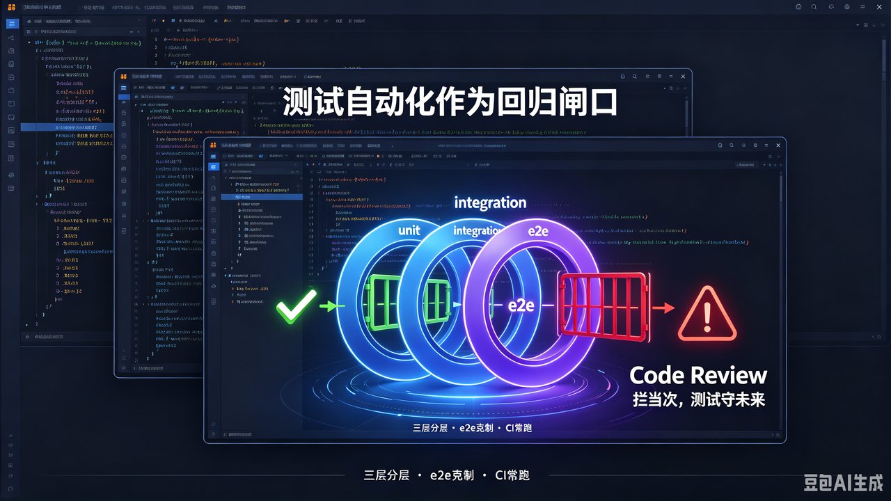 封面图：测试自动化作为回归闸口——像 Code Review 一样前置防回归