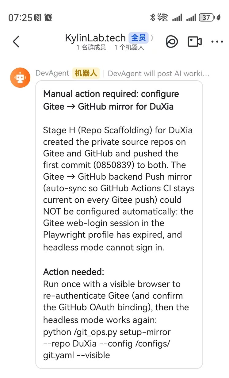 飞书群里收到的 AI 任务告警卡片：Manual action required，含背景说明与可直接执行的命令