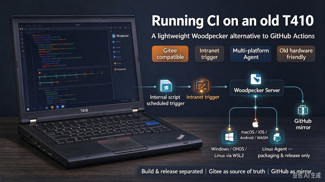 Private CI architecture running Woodpecker on a recycled T410 laptop