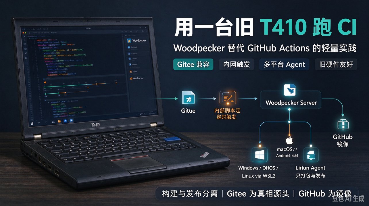 封面图:旧 T410 笔记本运行 Woodpecker CI 的私有 CI 架构