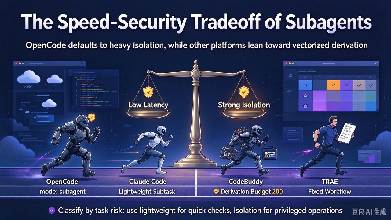 Cover image: four AI coding agents racing on the same track — OpenCode runs in heavy armor with mode: subagent, Claude Code sprints in a light suit for lightweight subtasks, CodeBuddy carries a derivation budget toolbox, TRAE holds fixed-workflow documents; a balance scale tips between low latency and strong isolation