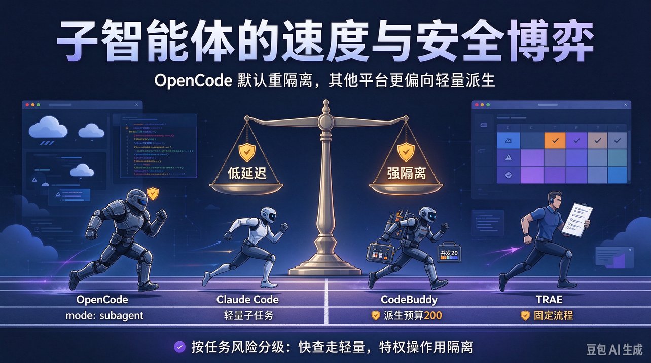 封面图:四个 AI 编程智能体在同一条跑道上竞速——OpenCode 身披重甲跑 mode: subagent,Claude Code 轻装冲刺做轻量子任务,CodeBuddy 背着「派生预算 200 / 并发 20」的工具箱,TRAE 抱着固定流程文件;中央天平的「低延迟」与「强隔离」两端各挂一个选手