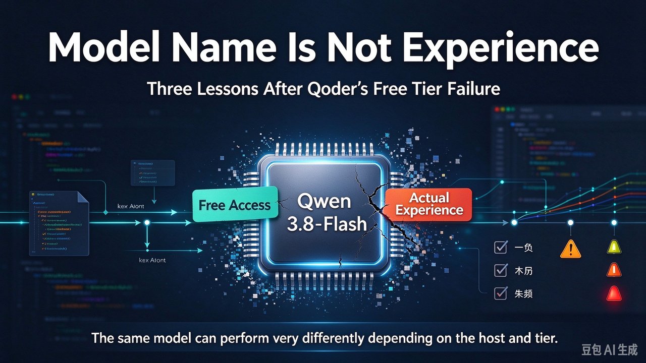 Cover image: "Model Name Is Not Experience" — a cracked Qwen 3.8-Flash chip between Free Access and Actual Experience