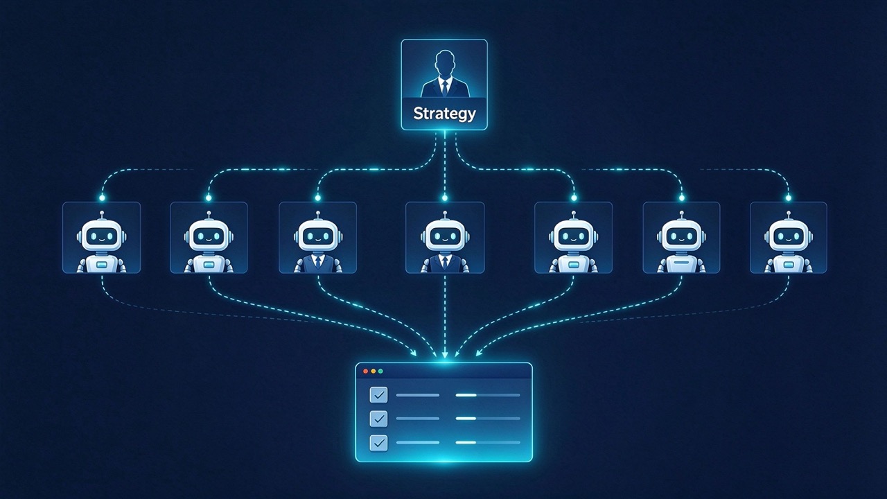 One human strategy seat and nine robot roles connected by dashed lines to a single task board