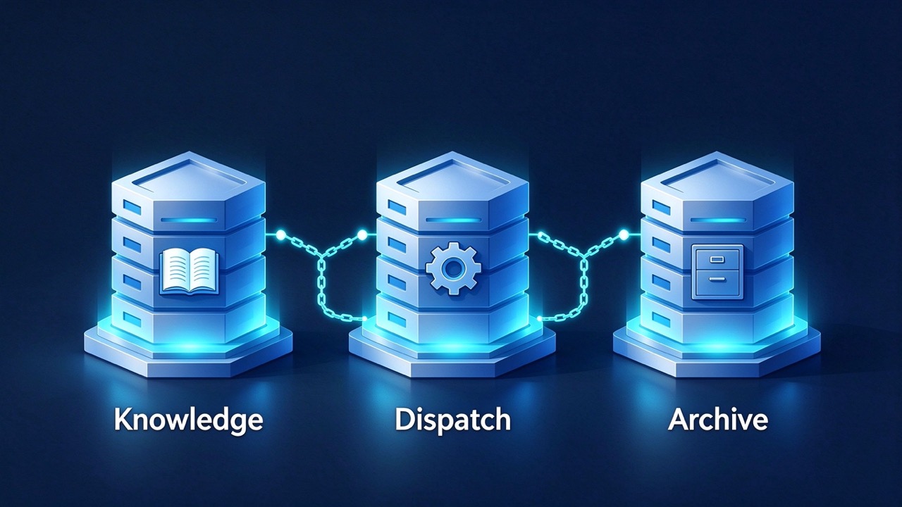 Three block towers labeled knowledge, dispatch, and archive, chained together by symlinks
