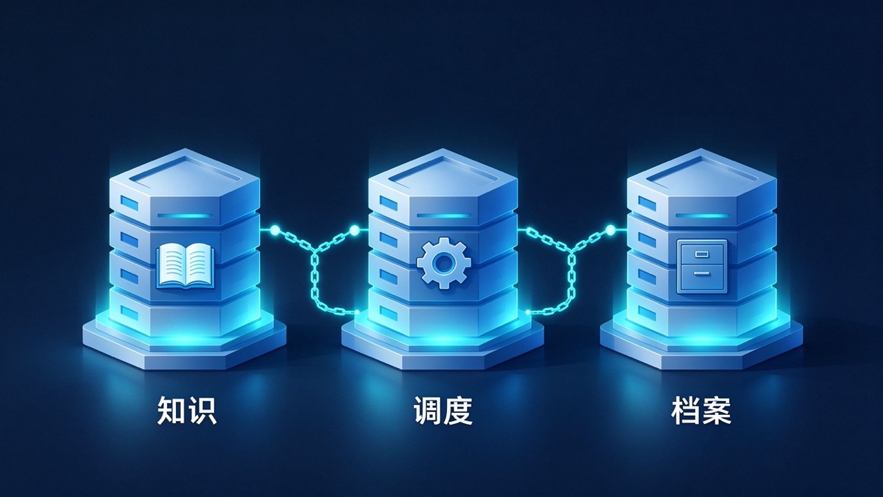 三座积木仓库塔分别标着知识、调度、档案，塔间由符号链接锁链环环相扣