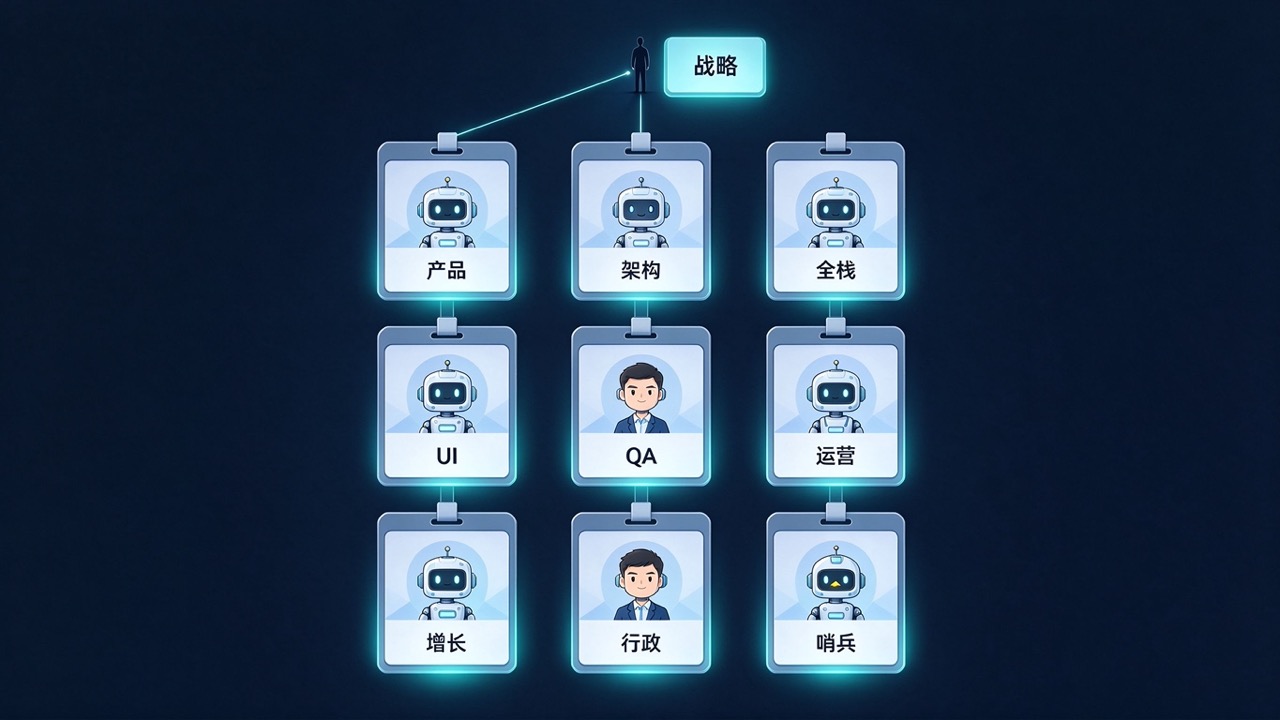 九宫格机器人工作证墙：九个 Agent 角色各占一格，人类只出现在战略一格