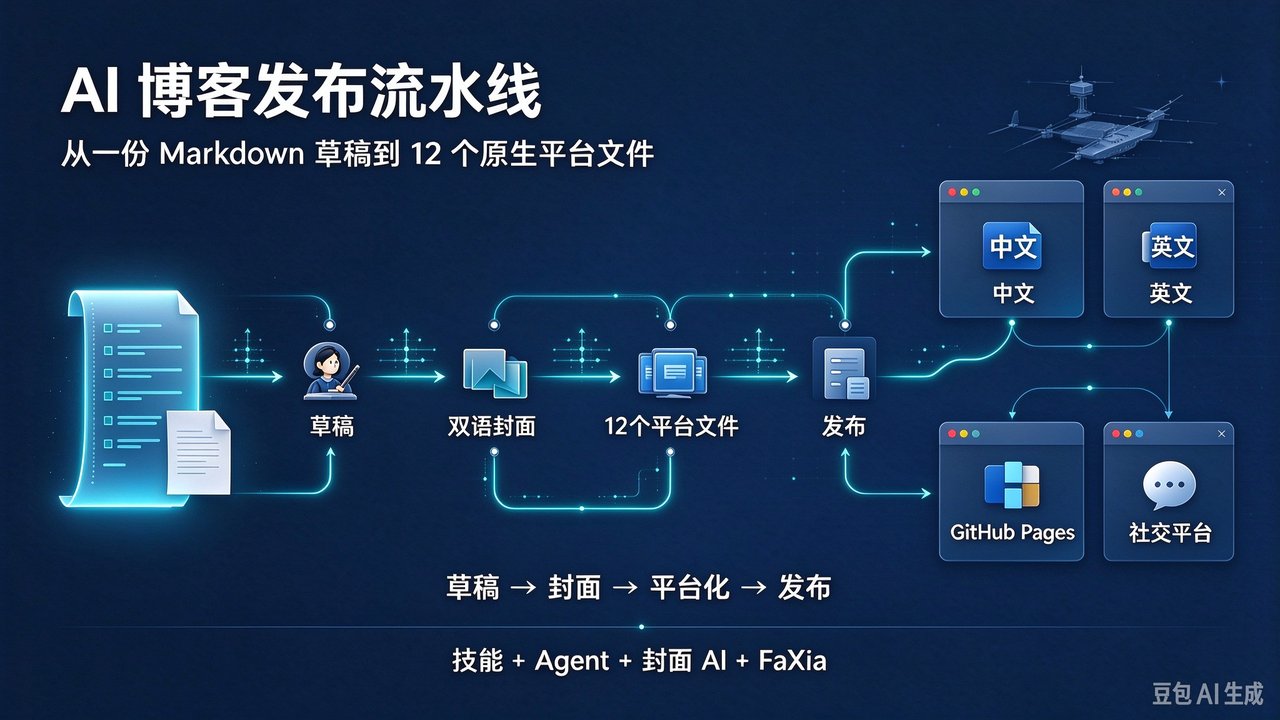 封面图：AI 博客发布流水线——从一份 Markdown 草稿到 12 个原生平台文件