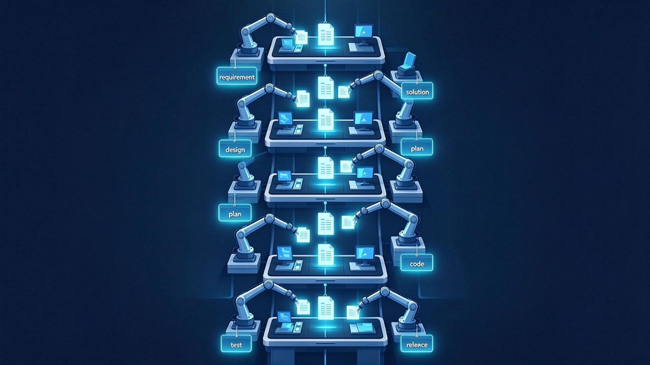 A vertical assembly line of 13 stations with robotic arms passing document artifacts between stages