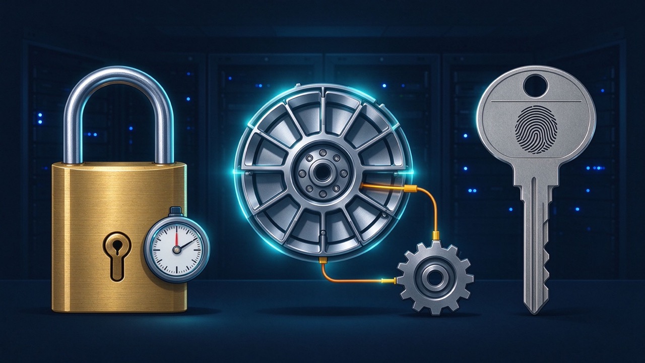 Three unattended-scheduling machinery parts: a claim padlock, a central distribution wheel, and a fingerprint key