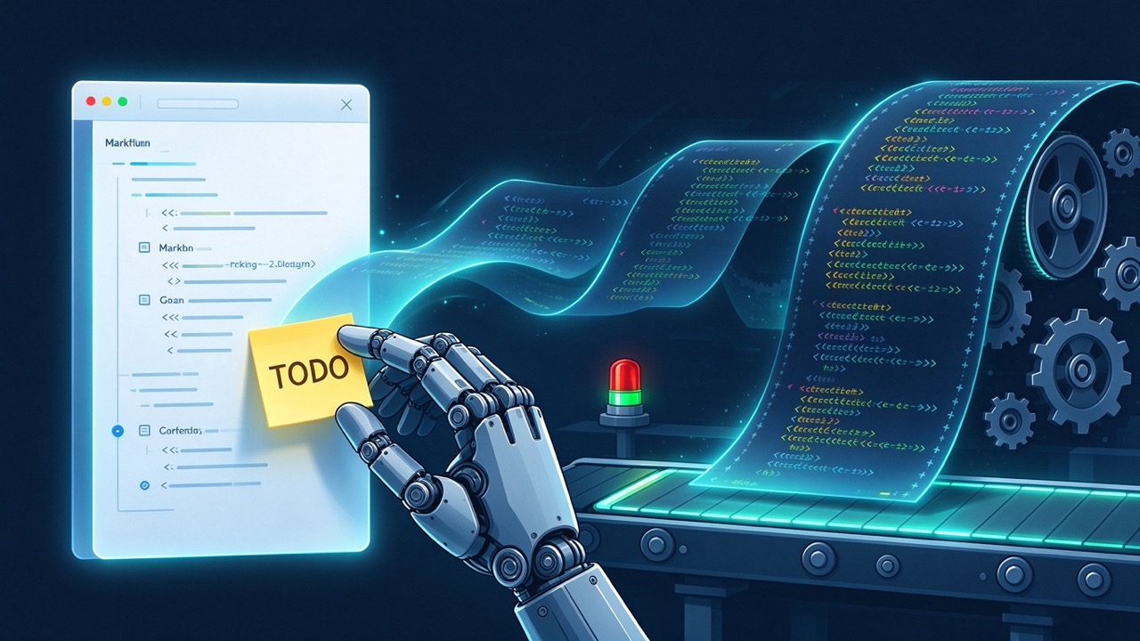 Cover image: a robotic hand peeling a yellow TODO note off a glowing Markdown document that unrolls into a code ribbon feeding a gear-driven production line