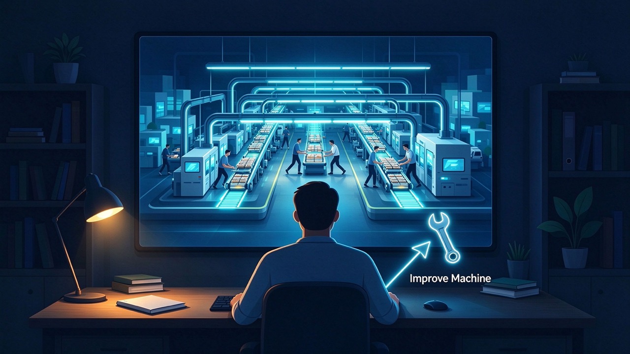 At night, a person sits before a large screen showing an automated production line; an arrow points to a wrench icon labeled Improve Machine instead of stepping onto the line